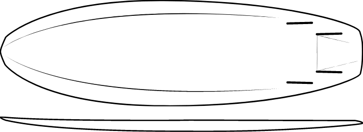 Line drawing of surfboards seen from above and from the side, featuring a rounded nose, tapered tail and two rectangular fins at the rear.