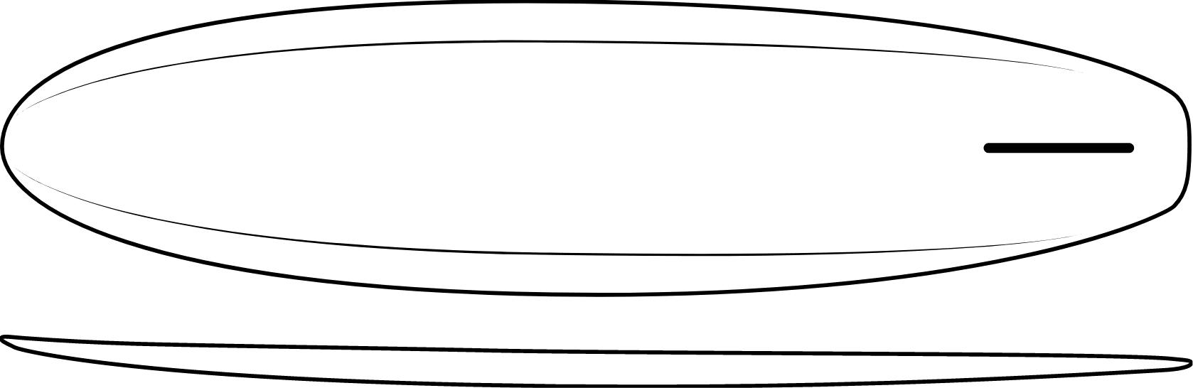 Black and white line drawing of an American soccer seen from the side and from above, with minimal detail and an elongated oval shape reminiscent of vintage surfboards.