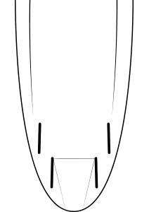 Diagram of a basketball half-court showing the three-point arc, the free-throw lane, the sideline and the positions of four defensive players inside the sideline - reminiscent of surfboards in formation - and two offensive players outside the paint.
