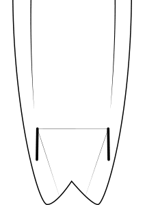 Black and white line drawing of a parabola with a V-shaped notch at the base, resembling the tail of some surfboards, and two straight lines connecting the sides of the parabola to the lower corners of the notch.