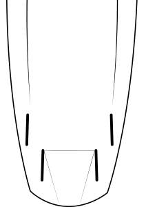 Black outline of a canoe seen from above, showing the narrowness of the bow and stern. Inside, four short, angular lines represent seats or support structures, like surfboard ropes. The image is simple and minimalist.