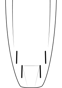 Simple black-and-white drawing of the silhouette of a canoe seen from above, showing the pointed bow, rounded stern and open seating area, similar in its simplicity to classic surfboard sketches.