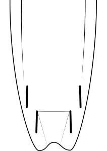 A simple black line drawing of a bicycle rim seen from the side, showing its cross-sectional profile with double walls and curved edges, reminiscent of the elegant contours of surfboards.